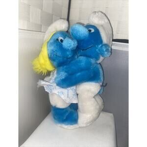 Vintage Smurf & Smurfette Hugging Plush Peyo Stuffed Toy Vintage 1982 11”